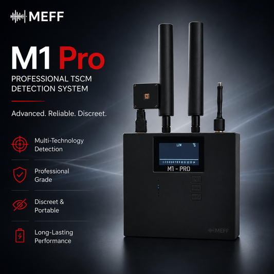 MEFF M1 Pro TSCM-detektor – funktionsöversikt: multiteknisk detektering, professionell kvalitet och diskret bärbarhet